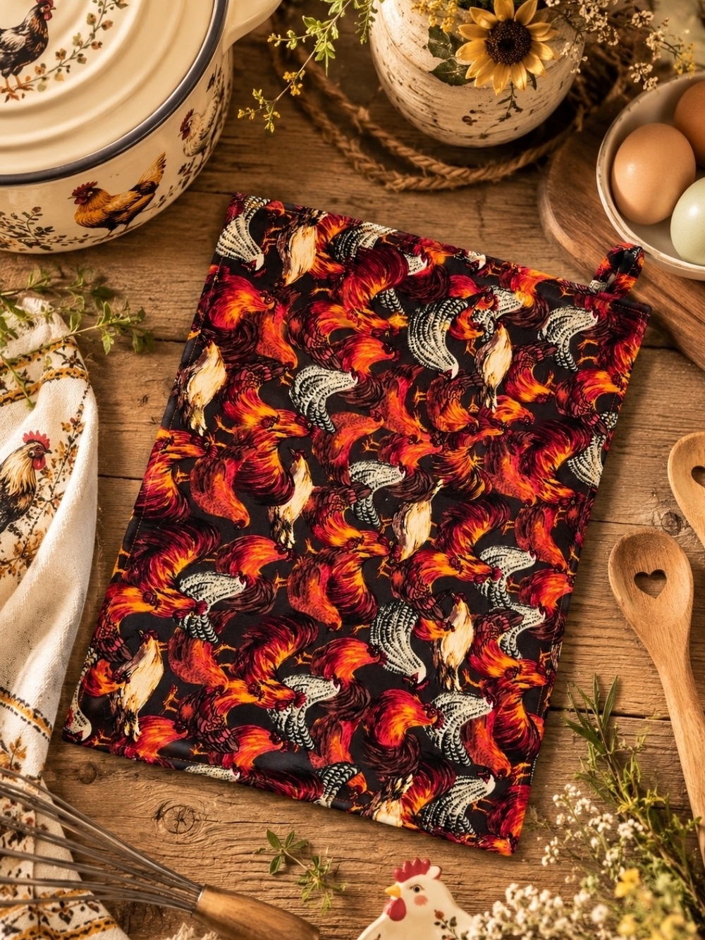 4/$15 Rooster Print Kitchen Potholder Hot Pad Chicken Kitchen Decor Farmhouse